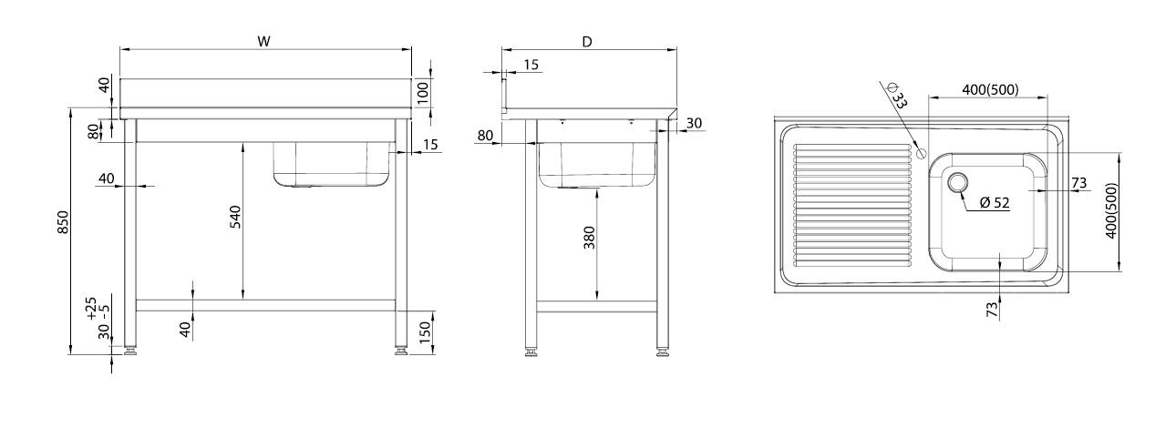 RST allaspöytä alahylyllä Eco Line syvyys 600mm tai 700mm (allas vasemmalla) - Image 2